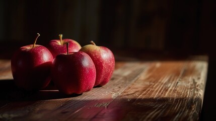 Empty wooden plank table and some ripe red apples on the table background