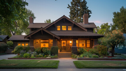 Dawn's light breaking over a chocolate brown Craftsman style house, suburban calm pervasive as the...