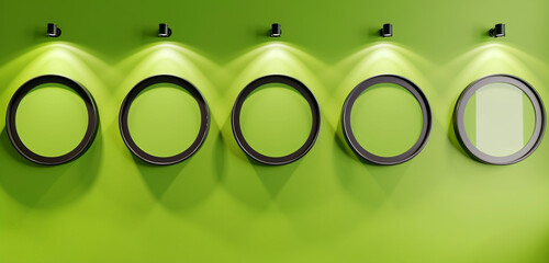 Five circular mockup frames on a bright lime green wall, each spotlighted to enhance their shape. 