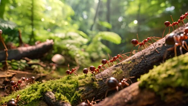 A collection of ants moving in a line across a wooden log lying on the forest floor, Ants following a pheromone trail in a lush forest, AI Generated