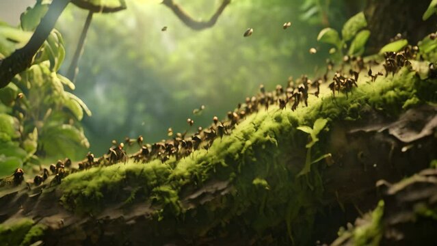 A group of ants makes their way through the abundant foliage of a vibrant, verdant forest, Ants following a pheromone trail in a lush forest, AI Generated