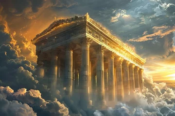 Deurstickers Majestic celestial temple with golden columns amidst ethereal clouds and fog, illustration © Lucija