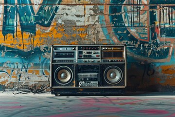 Retro ghetto blaster boombox in grungy graffiti room, 1980s hip hop culture - obrazy, fototapety, plakaty