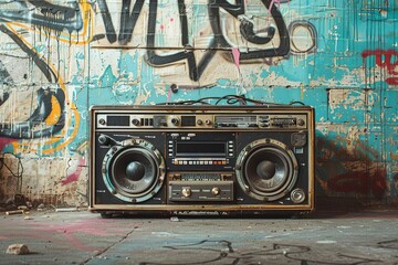 Retro ghetto blaster boombox in grungy graffiti room, 1980s hip hop culture - obrazy, fototapety, plakaty