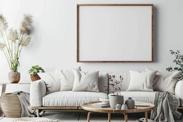 Minimalist frame mockup with interior wall poster, modern Scandinavian living room design