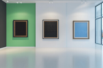 Within a spacious white art gallery, three empty wall spaces are highlighted, each with a distinct color green for renewal, black for sophistication, and blue for serenity. 