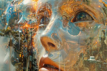 Künstlerische Installation mit dem Profil einer Frau aus Glas und Technik als pastellfarbene Technik-Impression