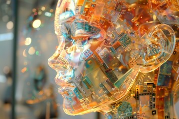 Künstlerische Installation mit dem Profil einer Frau aus Glas und Technik als pastellfarbene Technik-Impression