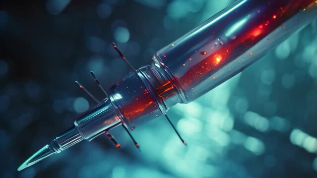 This medical Video captures a syringe filled with red blood, providing a close-up view of blood inside a needle, Close-up view of a syringe needle with nanobots, AI Generated
