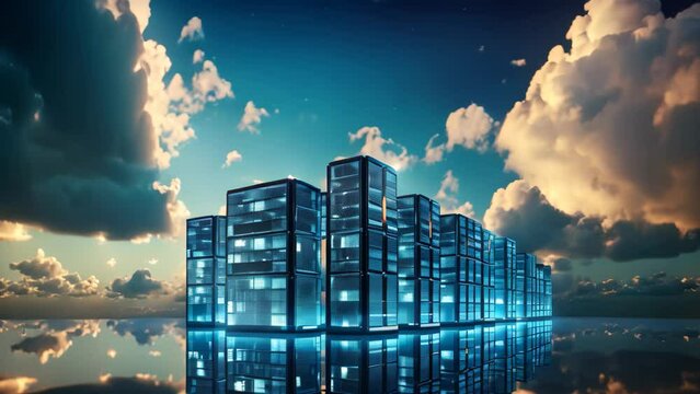 A group of towering structures gracefully situated on top of a calm and peaceful body of water, Cloud computing concept with enormous server racks floating in the sky, AI Generated