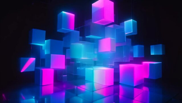 A collection of cubes, each differing in shape and size, enveloped in darkness, Cluster of holographic projections transformed into an abstract display, AI Generated