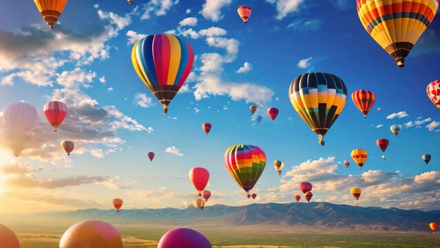 Hot Air Balloons Soaring Through the Sky in Colorful Display of Flight, Colorful hot air balloons filling the skies over Albuquerque, New Mexico, AI Generated