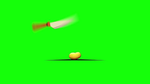 This animated footage depicts the dynamic process of slicing potatoes with a knife on a cutting board against a green screen background using chroma key technology