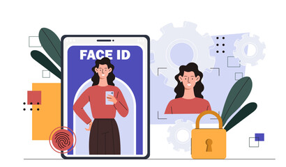 Face ID concept. Recognition, authorization and authentication. Internet safety and personal data protection. Password and log in. Cartoon flat vector illustration isolated on white background