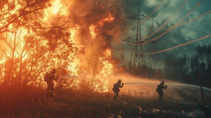 A dynamic scene of firefighters battling a grass fire in a park glade under power lines, with water jets aiming at flames. - obrazy, fototapety, plakaty