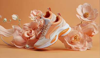 a composition of sneakers and flower buds on a peach background