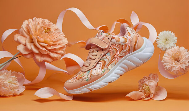 orange sneakers with floral patterns on a solid background