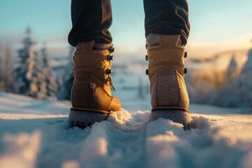 Crisp image of a hiker's boots on the snowy trails of Norway, rear photo