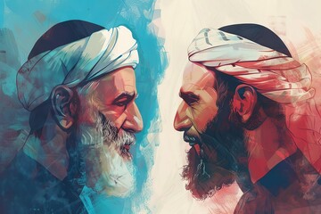 Intense Standoff Arab and Jewish Men Lock Eyes Amidst Regional Tensions - Dramatic Portrait Illustration - obrazy, fototapety, plakaty