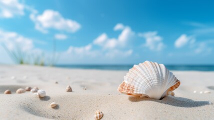 Fototapeta na wymiar Seashells on Sunny Beach Shore
