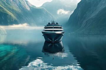 A large cruise ship is sailing in the ocean near a mountain range - Powered by Adobe