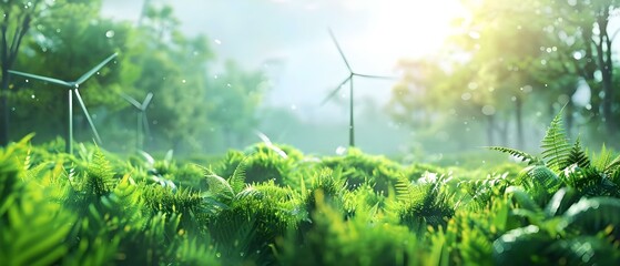 Eco-Friendly Energy Future: Wind Turbines Amidst Nature.. Concept Renewable Energy, Wind Turbines, Sustainable Environment, Green Technology, Nature Conservation