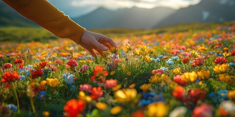 Photo of a traveler's hand touching the delicate flowers of a Norwegian meadow