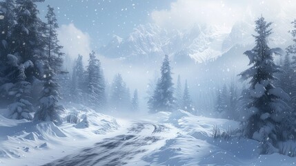 Heavy snowfall on a mountain pass, with snowdrifts obscuring the path and pine trees. - obrazy, fototapety, plakaty