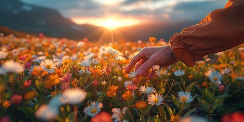 Photo of a traveler's hand reaching out to touch the delicate flowers of a Norwegian meadow