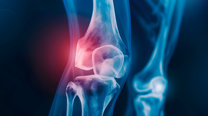 A closeup of the knee joint, showing pain and redness on one side. The background is a dark blue with soft lighting highlighting that part of an X-ray photo - obrazy, fototapety, plakaty