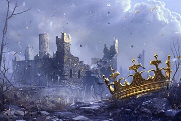 Medieval fantasy concept of a fallen kingdom, crumbling castle ruins, and a shattered golden crown, digital painting - obrazy, fototapety, plakaty