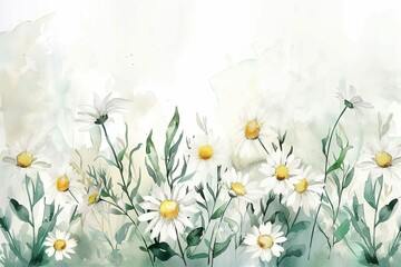 Delicate watercolor illustration of a charming daisy border, hand-drawn chamomile bouquet, rustic summer wildflower clipart