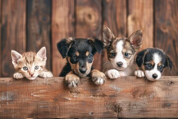 Adorable puppies and kittens peeking from behind a rustic wooden banner, empty space for text, pet store or veterinary clinic advertising poster concept, digital illustration