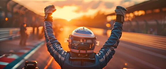 A person dressed in a racing suit raises their hands in celebration