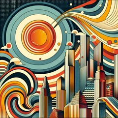 Abstract retro background, aesthetic sun and the city. retro psychedelic style and Groovy hippie 70s background