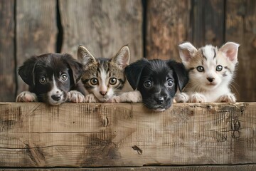 Adorable puppies and kittens peeking from behind a rustic wooden banner, empty space for text, pet store or veterinary clinic advertising poster concept, digital illustration - obrazy, fototapety, plakaty