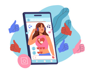 Woman listens music at smartphone. Young girl with gadgets and devices. Playlists with favorite songs and audio files. Entertainment, fun and leisure. Cartoon flat vector illustration