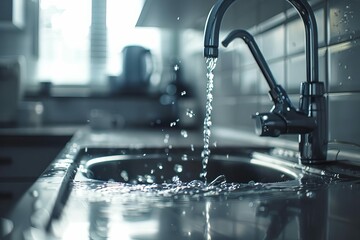 Water pouring from a kitchen or bathroom tap, highlighting the global issue of clean water scarcity, concept photo - obrazy, fototapety, plakaty