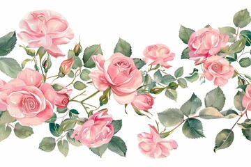 Elegant pink watercolor roses and green leaves forming a delicate floral border, wedding and greeting card illustration