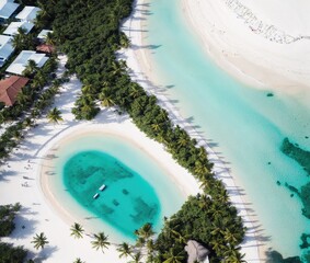 Fototapeta na wymiar A tropical island with a white sandy beach, clear blue water, and palm trees.