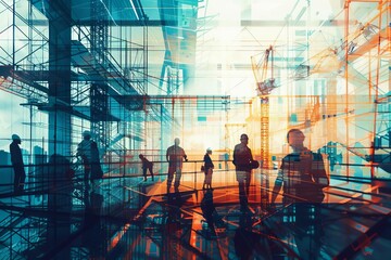 Futuristic digital illustration of building construction and engineering, with double exposure of architects and workers, industry concept