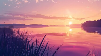 Sunset Symphonies and Reflective Melodies by the Lake. Sunset anime lake with golden hour view. 4K Loop Animation Video For LoFi Music. lofi light.