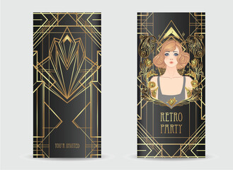 Art Deco vintage invitation template design with illustration of flapper girl over patterns and frames. Retro party background set in1920s style. Vector for glamour event, thematic wedding or jazz - 778510360