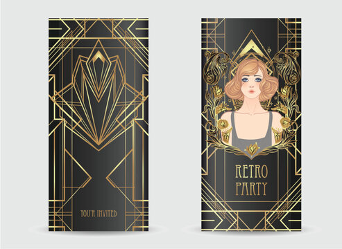 Art Deco vintage invitation template design with illustration of flapper girl over patterns and frames. Retro party background set in1920s style. Vector for glamour event, thematic wedding or jazz