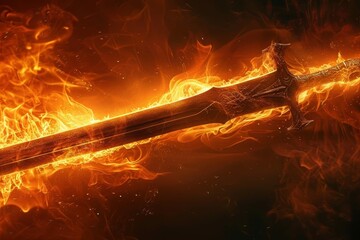 Flaming sword of grace and peace, medieval fantasy blade, wind-blown fire, dramatic scene - obrazy, fototapety, plakaty