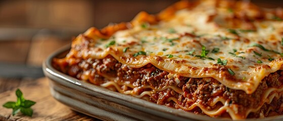 Lasagna, layered pasta, bechamel sauce, ground beef ragu, melted cheese topping, baked to perfection, family-sized portion, Italian comfort food, garnished with fresh basil.