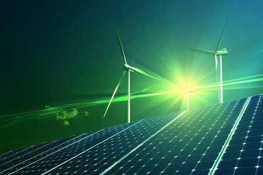 Renewable energy banner, green wind turbines and solar panels, sustainable power sources, vector background
