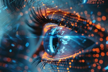 Futuristic cyber being, digital eye vision, biometric security scan, AI surveillance technology