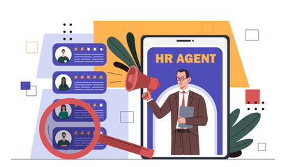 HR agent concept. Man with loudspeaker evaluate profiles of wrkeres and employees. Recruiting and headhunting to company or organization. Candidates at vacancy. Cartoon flat vector illustration
