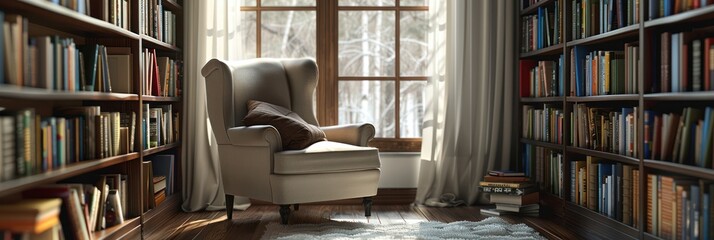 A comfortable reading chair in a home library with bookshelves against a snowy window backdrop, well-suited for a cozy reading promotion or interior design inspiration.